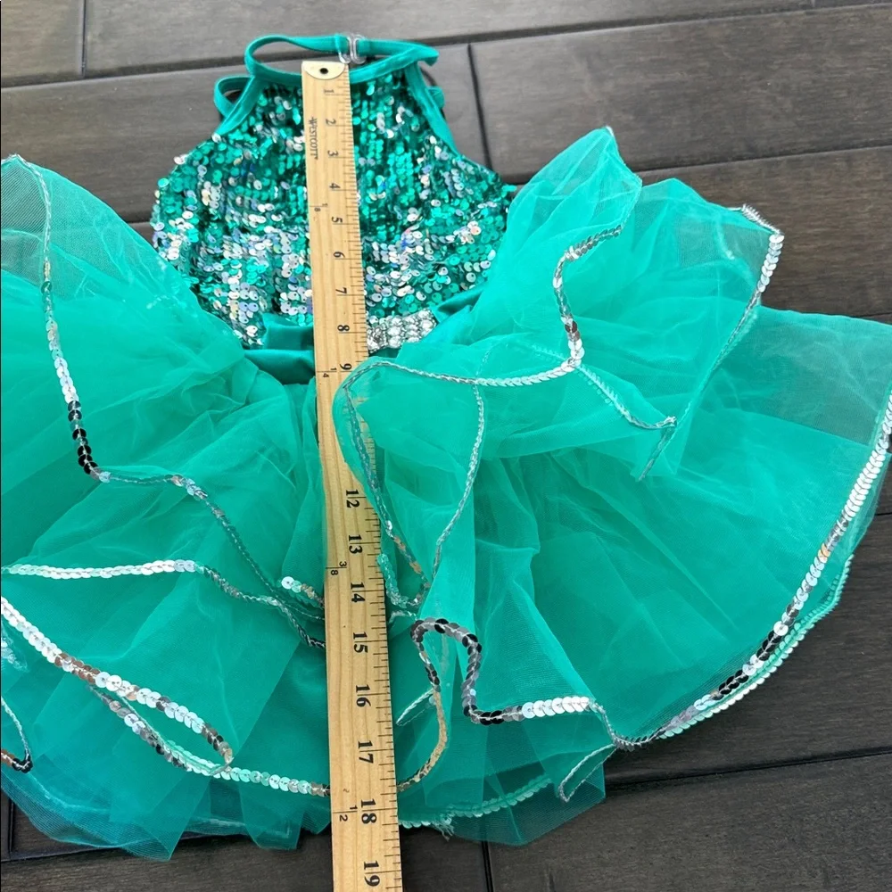 Weissman teal dance costume sequin bodice and a multi-layered tulle poof skirt